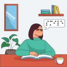 Stylized illustration of a blind woman reading a braille book with a speech bubble showing braille