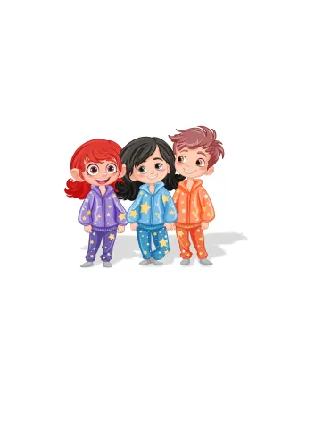 Three kids in pajamas, standing together. 