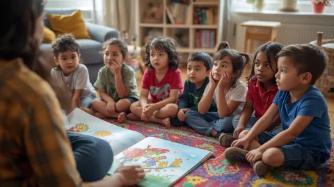 Kids sitting down on a rug at story time. 