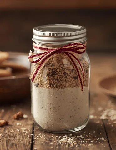 A jar of dry cookie mix with a gift bow on it. 