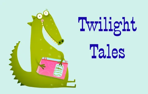 An alligator smiling holding a book. 