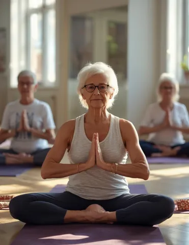 Adults in a yoga pose in a class. 