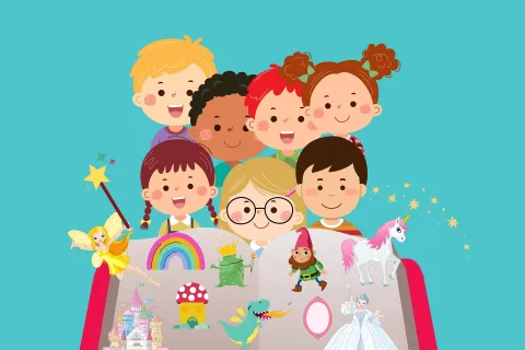 A group of children enjoying a story book.