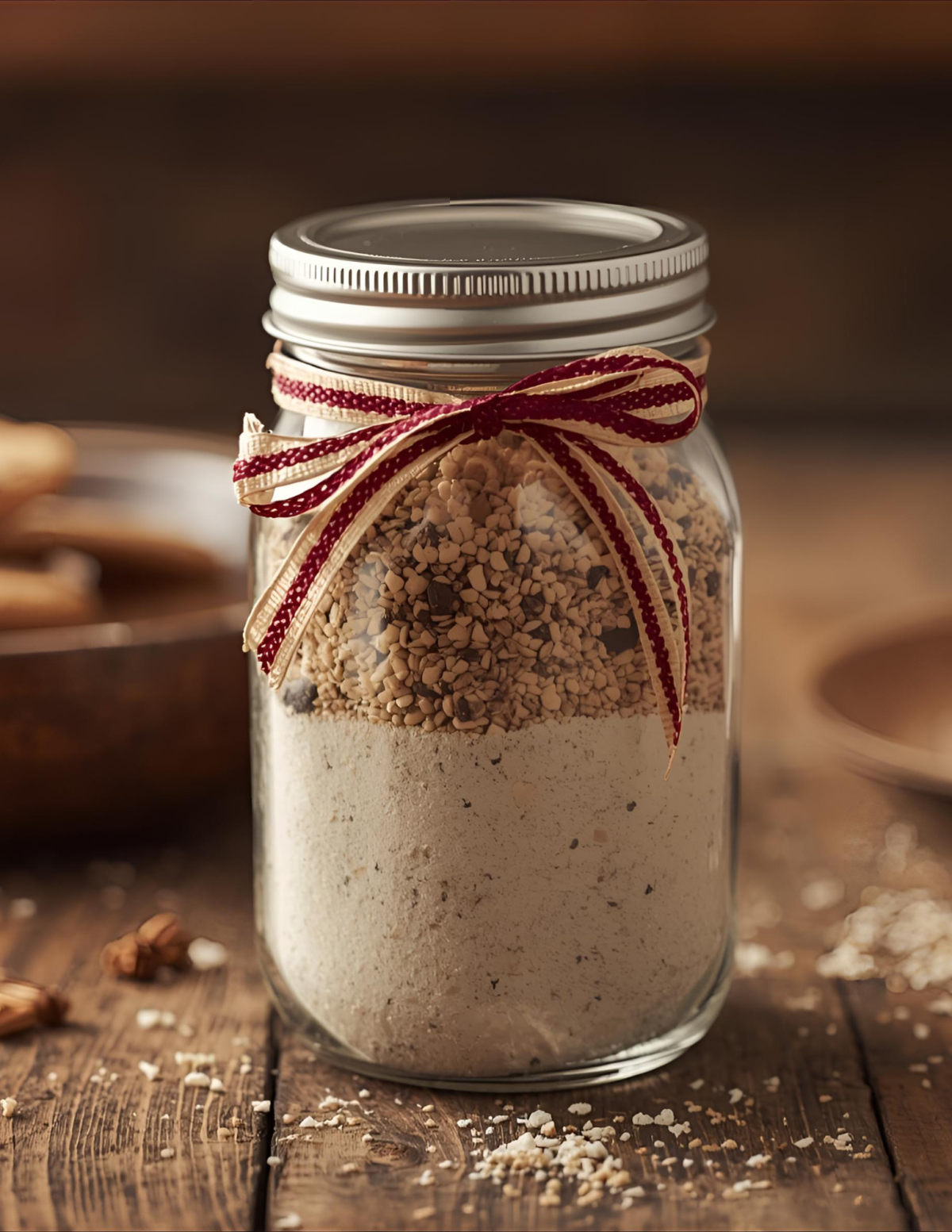 A jar of dry cookie mix with a gift bow on it. 