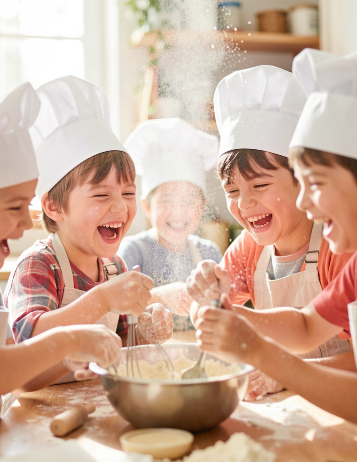 Little kids mixing a bowl with chef hats on. 