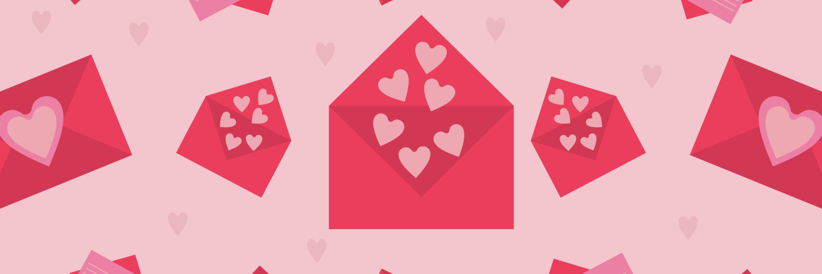 row of valentines envelops filled with hearts 